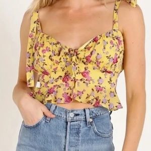 For Love & Lemons Yellow Beaumont Top Floral Print Tie Straps Cropped Size M